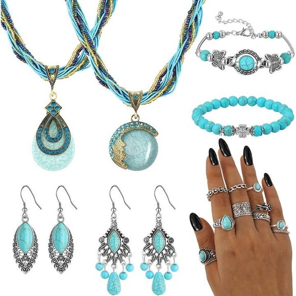 New 16 Pieces Bohemian Turquoise Set Vintage Bohemian Turquoise Pendant … - Picture 3 of 6
